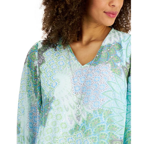 JM Collection Women's XXL Blue & Green Paisley Printed Necklace Top - Picture 2 of 6